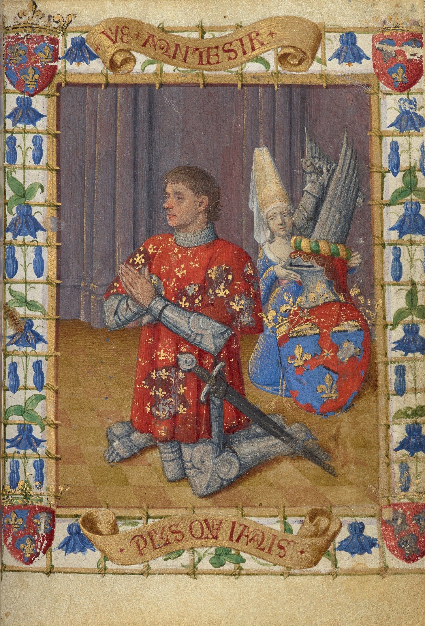 An illuminated manuscript leaf showing an armoured man kneeling beside a woman who holds a shield, with armorial corners, flowers, and two gold scrolls bearing red lettering.
