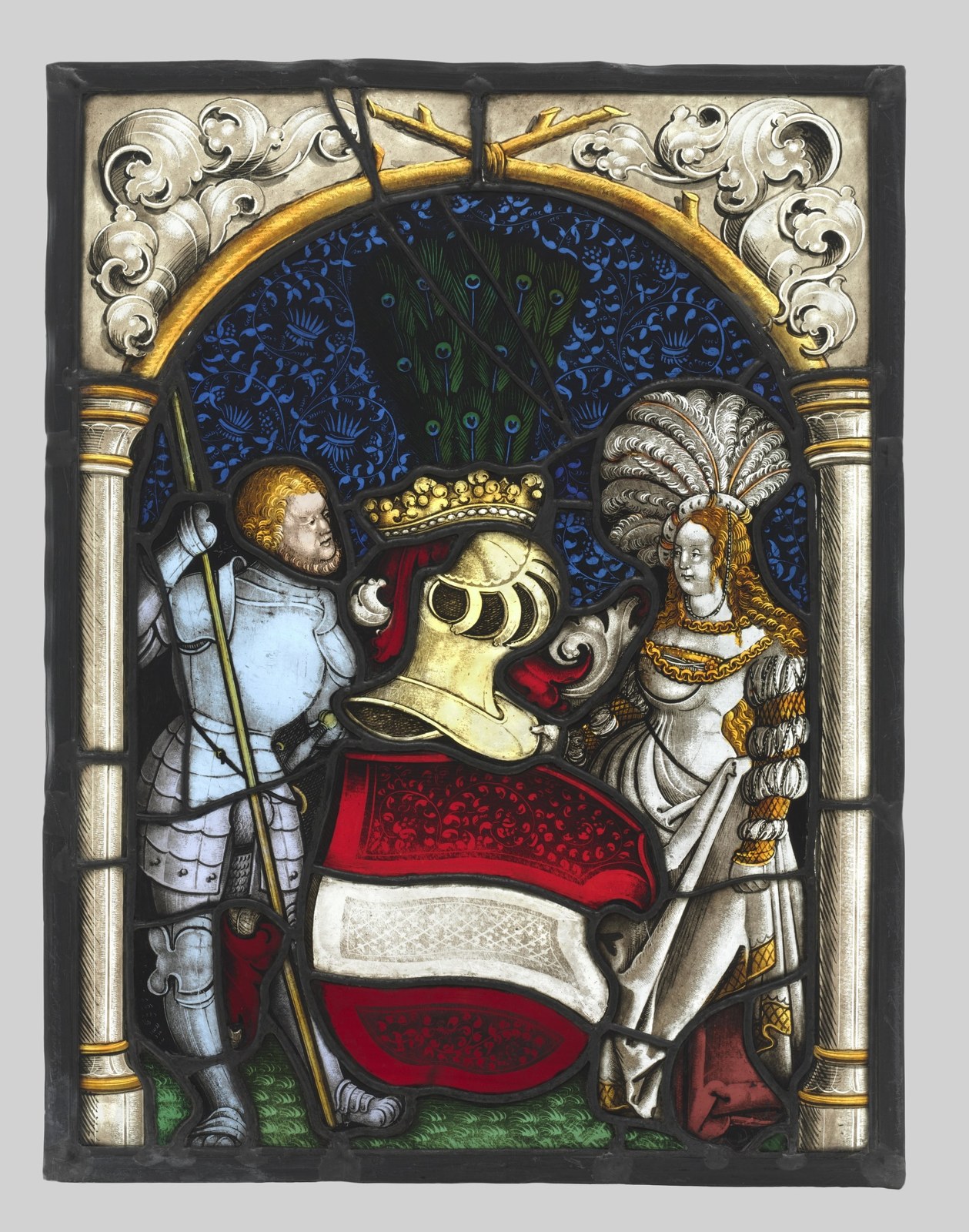 A red shield with a broad pale horizontal band stands between an armoured man and a richly dressed woman. A helmet and large feather-like ornament rise above the field.