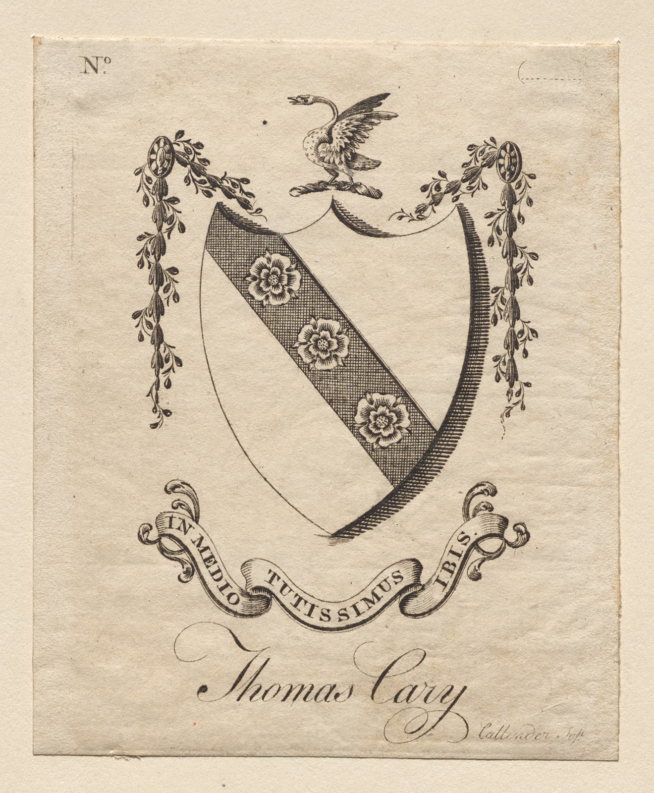 An engraved bookplate with a diagonal band bearing three roses on a shield, a bird above a wreath, hanging foliage, a motto scroll, and the name Thomas Cary below.