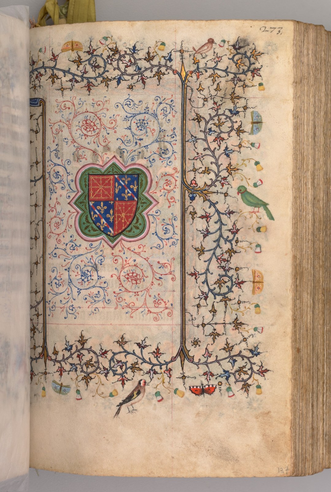 A small red-and-blue armorial shield sits inside a lobed frame, surrounded by fine vines, birds, and coloured ornament. It occupies a complete manuscript leaf rather than an isolated register entry.