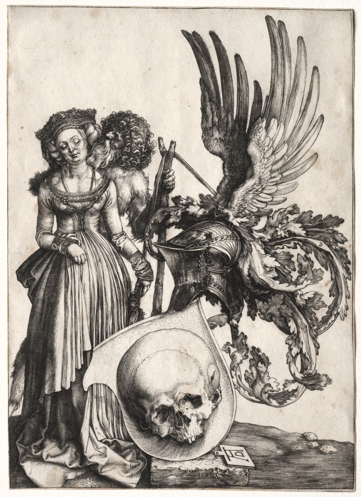 A large skull occupies a tilted shield beneath a helmet and an elaborate winged ornament. A woman and a hairy male figure stand beside the display.