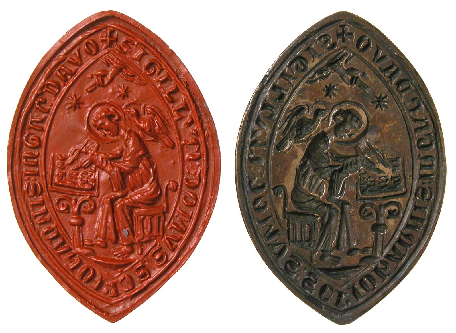 A pointed oval metal seal matrix at right and an orange impression at left, with reversed arrangements of a haloed seated figure, a small animal, stars and a lettered border.