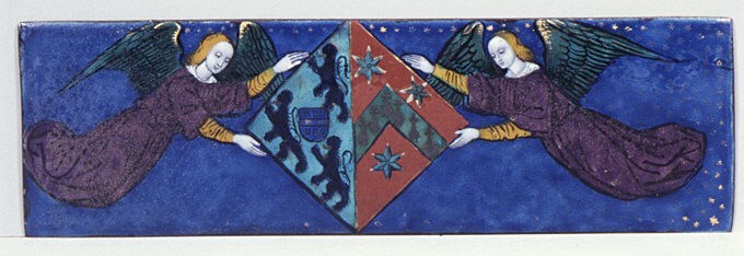 A long blue enamel plaque with winged angels holding a central shield divided vertically: dark animal forms on the viewer’s left, and a chevron with three stars on red at right.