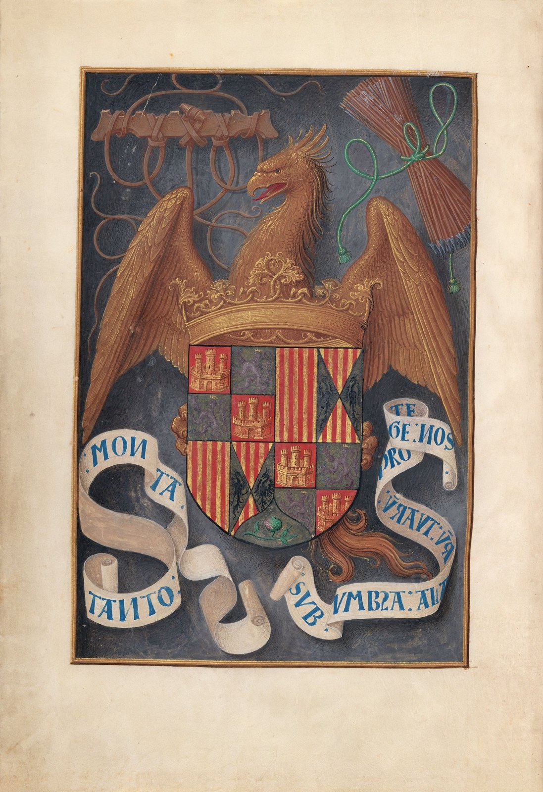 A spread-winged eagle carries a large crowned shield. A yoke and bundle of arrows flank the upper composition, and a lettered scroll extends beneath it.
