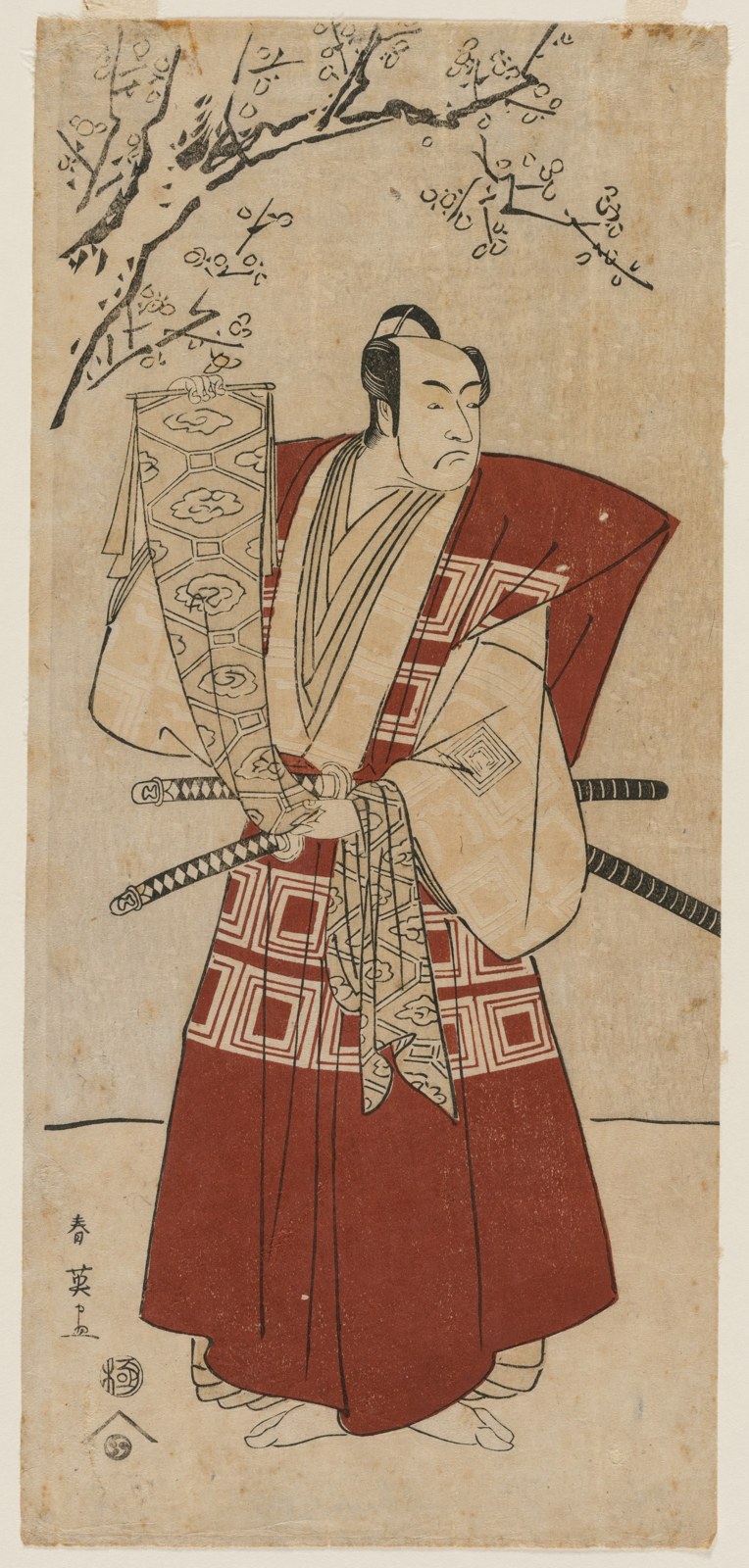 A figure in broad red clothing holds a long banner and wears swords. Repeated angular devices decorate the garment, while lettering and seals occupy part of the sheet.