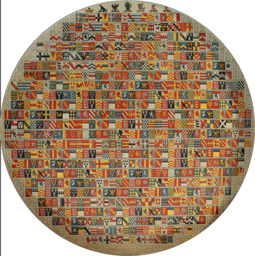 A circular painted field is packed with small rectangular armorial compartments. Their rows shorten toward the curved edge, while red, blue, gold, and white recur across different geometrical and figural designs.